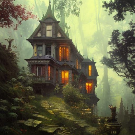 Victorian Houses on Hill in Art Nouveau Style