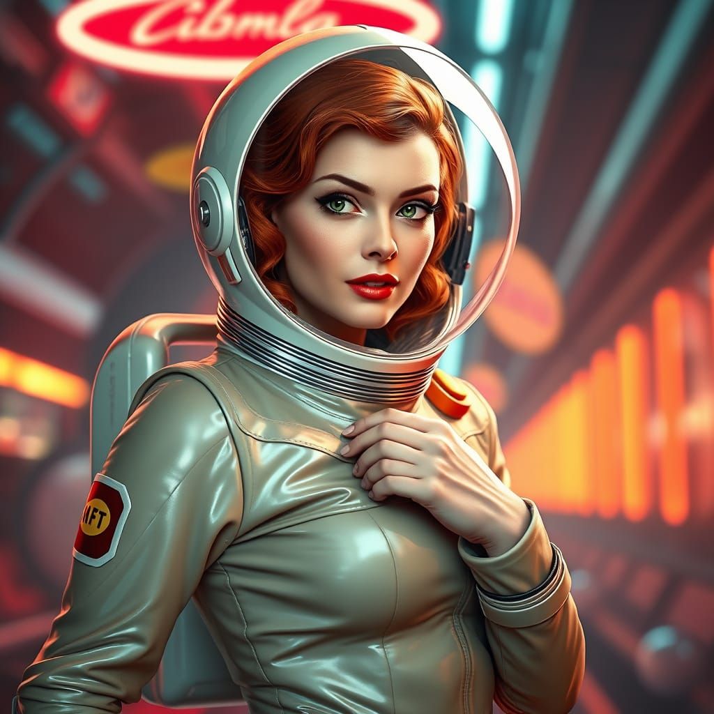 Retrofuturistic Pin-up Redhead in Shimmering Spacesuit