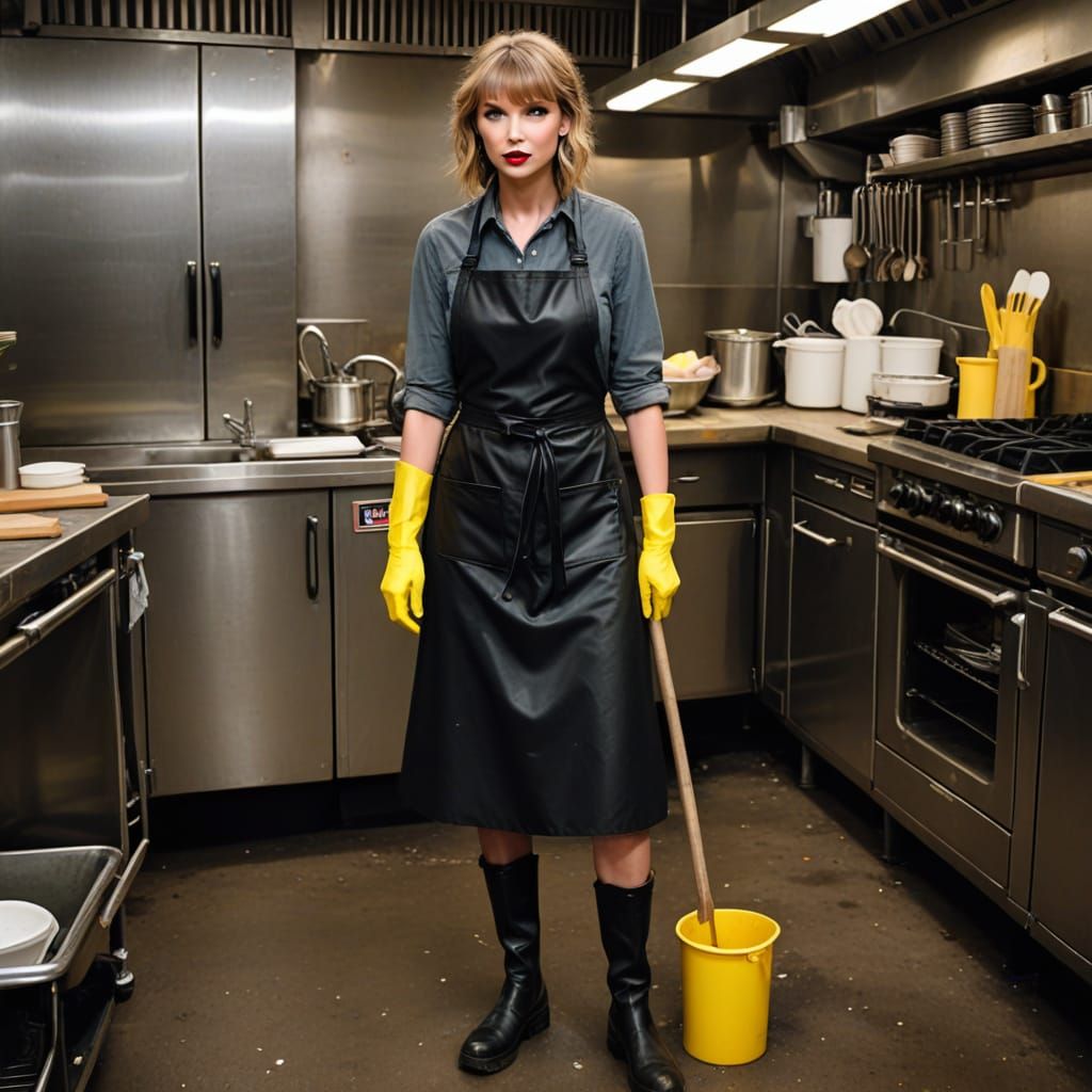 Tired Taylor Swift in a Grimy Kitchen Setting