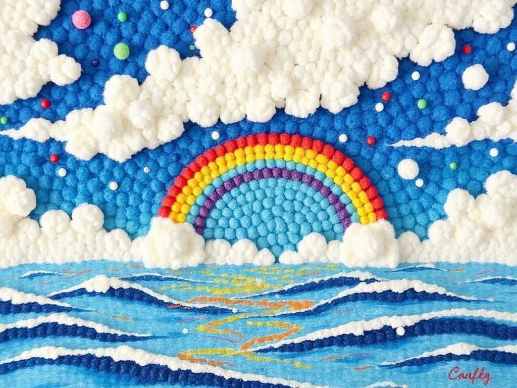 Pompom Rainbow Seascape in Pointillist Style