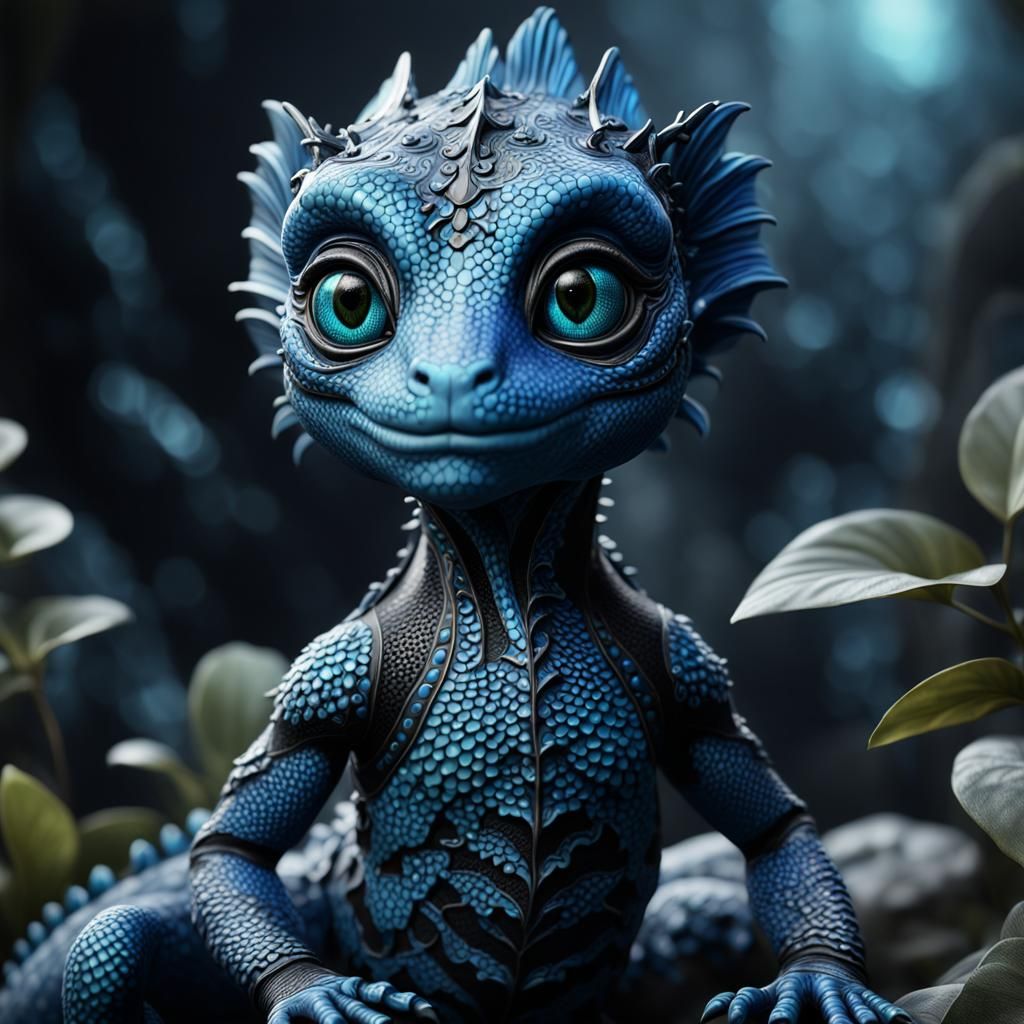 Blue and Black Porcelain Lizard Doll in Matte Painting Style