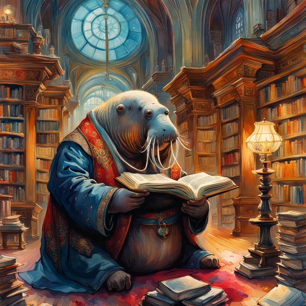 Walrus's Literary Escape: A Watercolour Fantasy