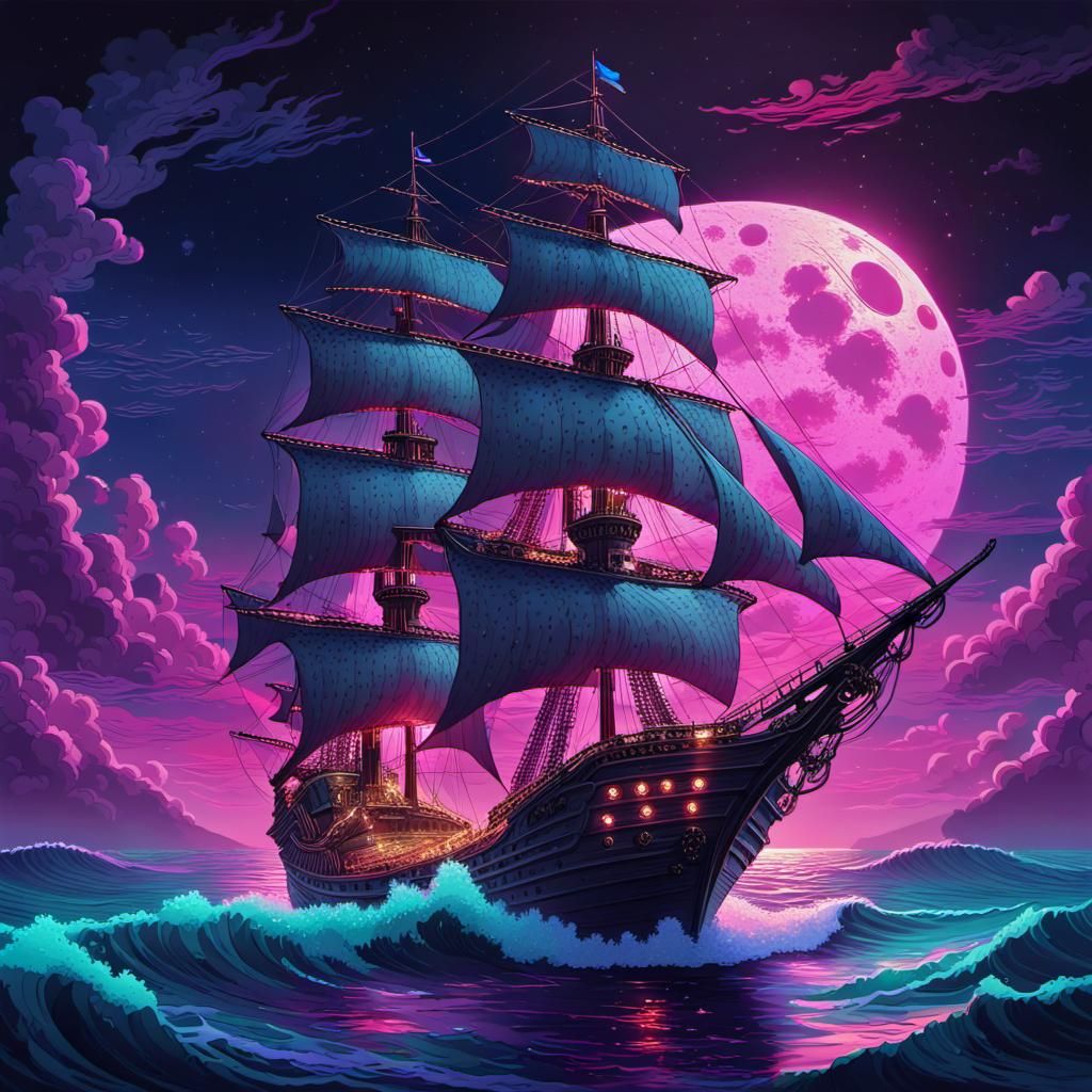 A  vaporwave   portrait showcasing massive pirate ship gracefully navigating through the shimmering ocean waves on a moo...