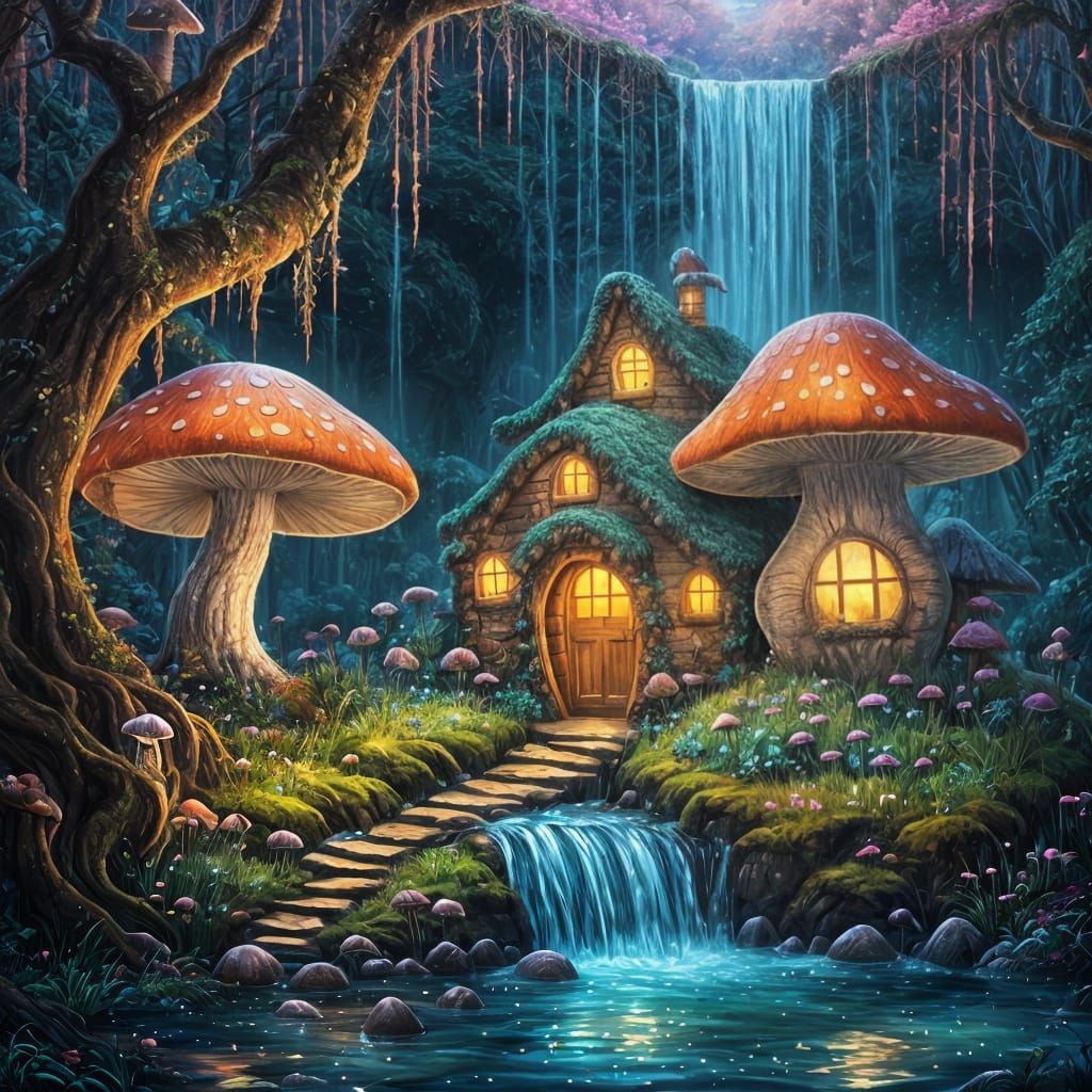 Fairy Mushroom House in Bioluminescent Forest