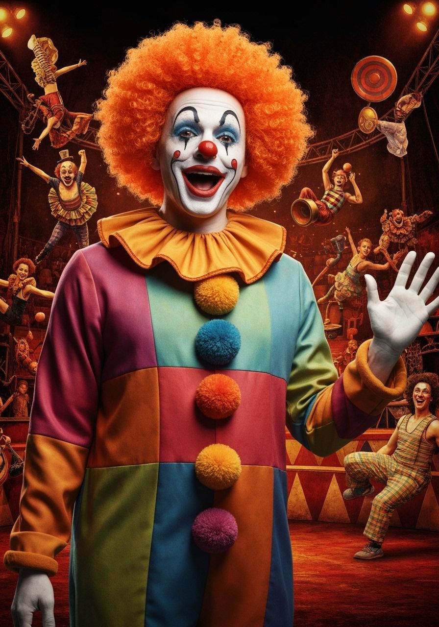 Whimsical Clown in Vibrant Circus Scene