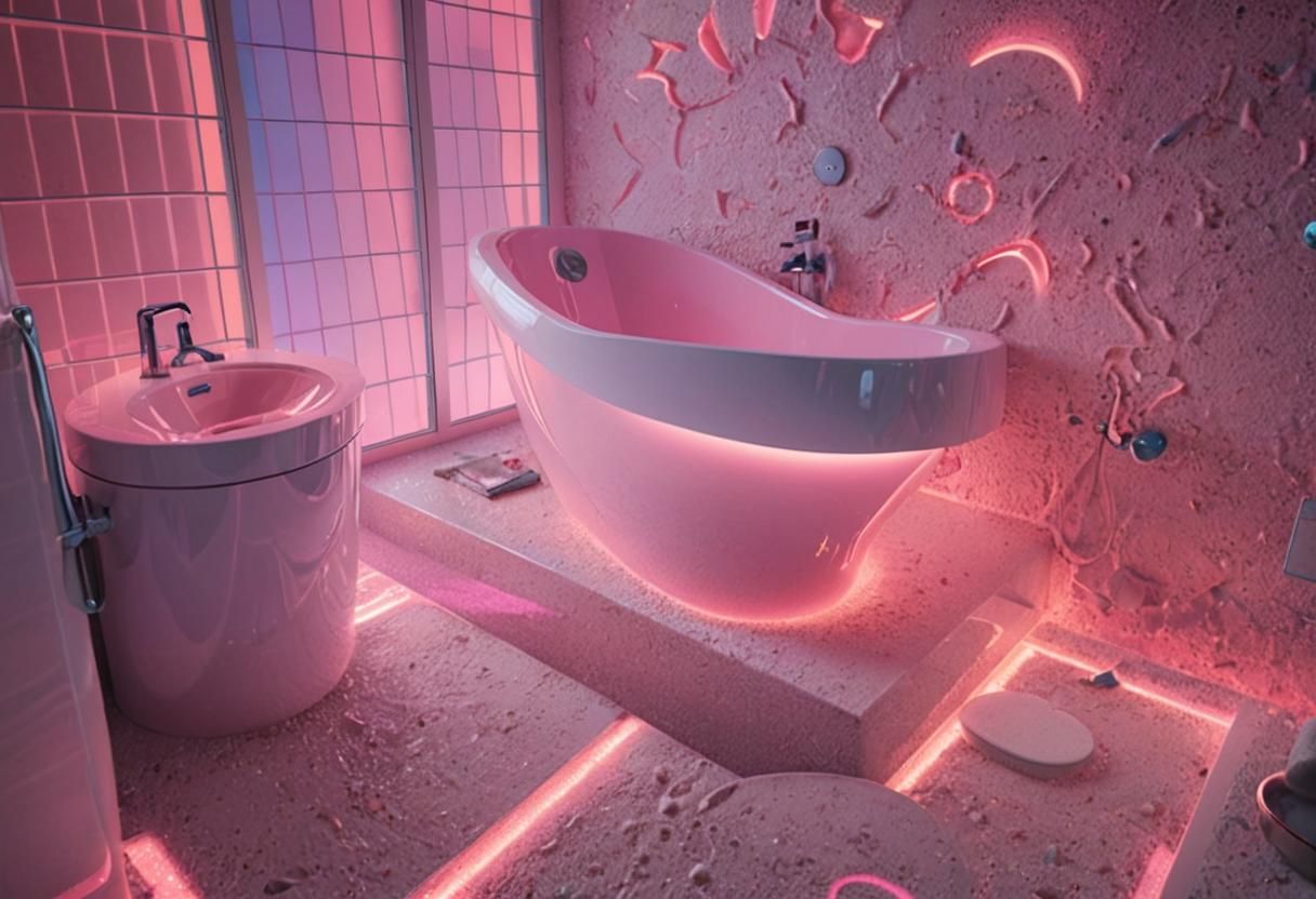 Retro-Futuristic Bathroom with Neon Sunset Aesthetic