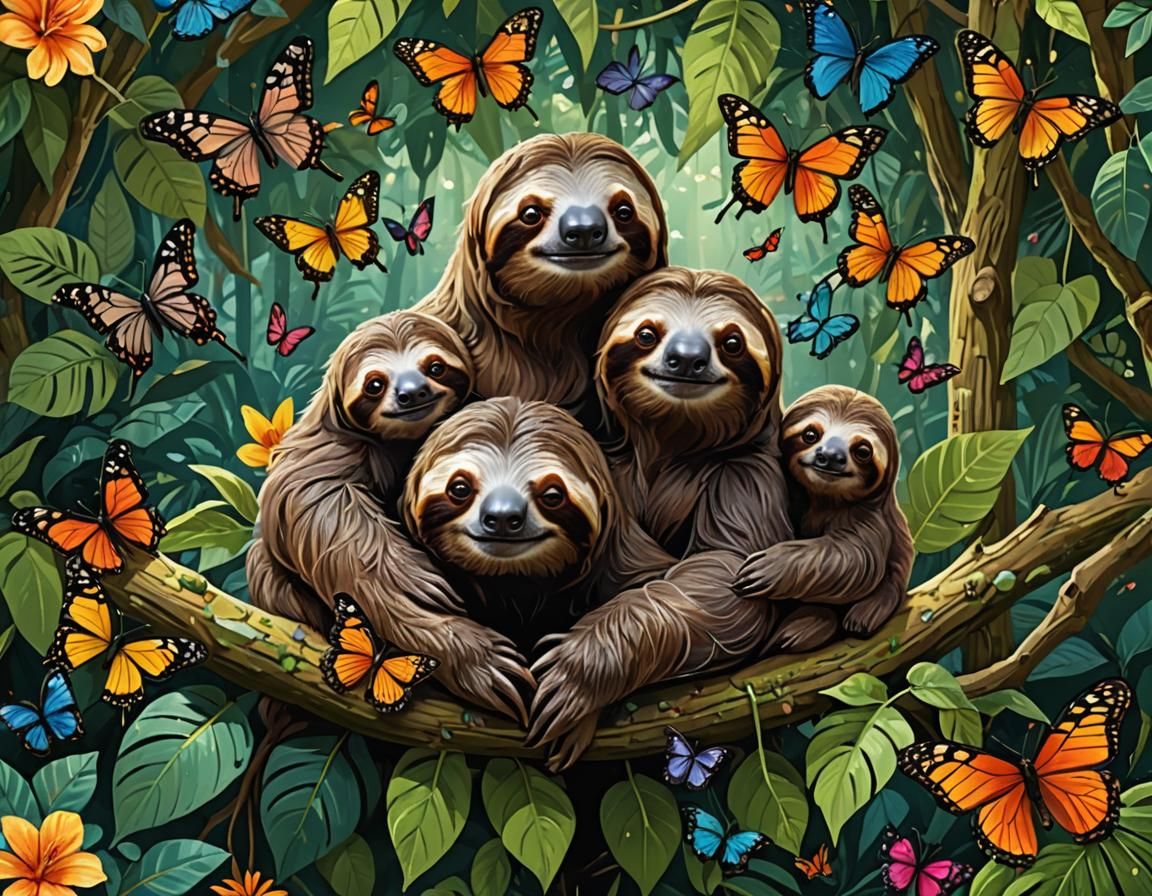 A sloth family deep in the rainforest.