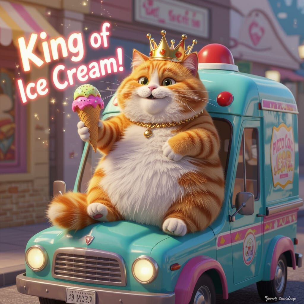 King Cat on Ice Cream Truck in Pixar Style