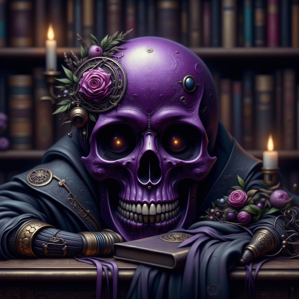 Purple Skull in Library, Romantic Goth Style