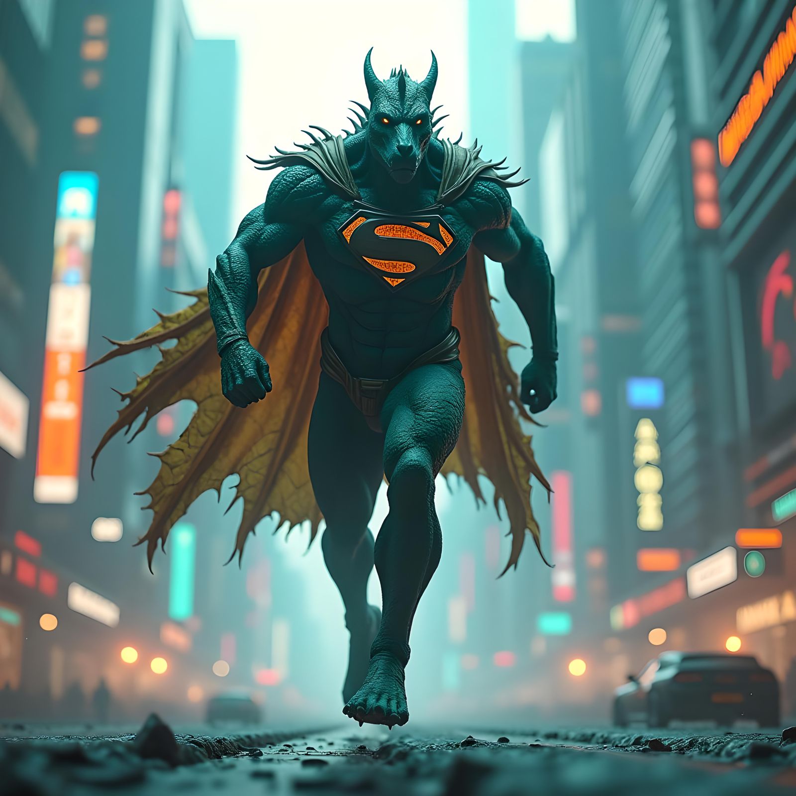 Half Superman Half Dragon Runs in City