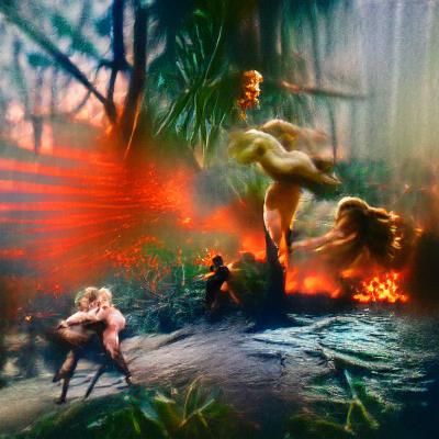 Tarzan fight Doc Savage in the Jungle Nude Death Fire Blood Naked Women #film beautiful photoillustration volumetric lig...