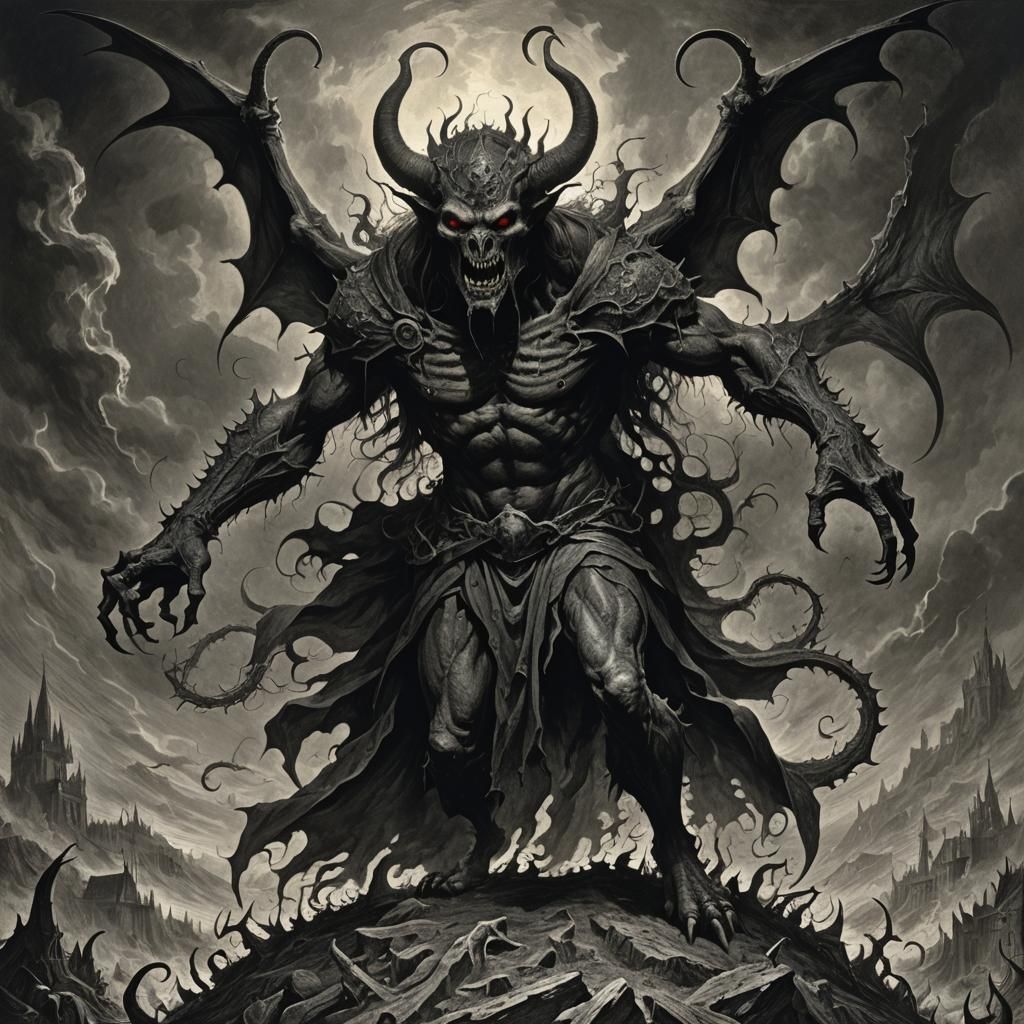 Horrific Demon of Hell in Engraving Style