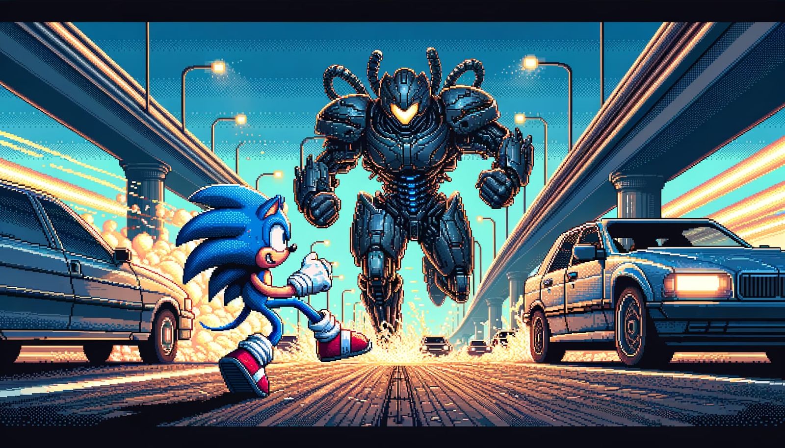 pixel art of Sonic the hedgehog fighting dr. eggman in a pac...