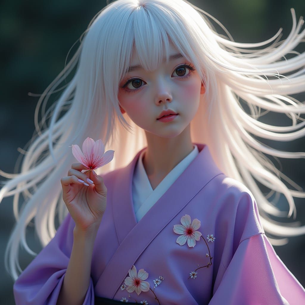 Girl in Purple Kimono with Flower, Cinematic Lighting