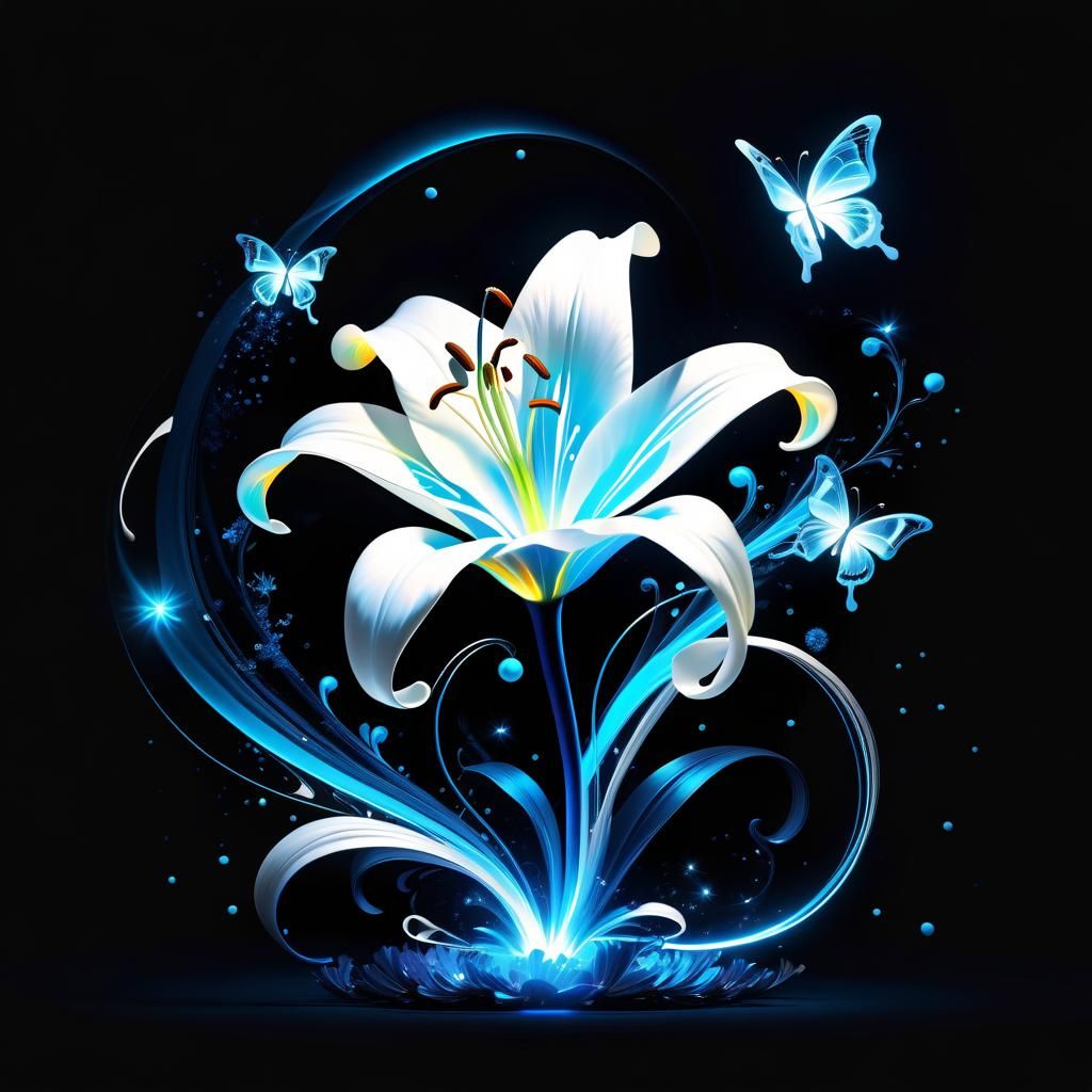 Bioluminescent Lily with Butterflies in 3D Digital Art