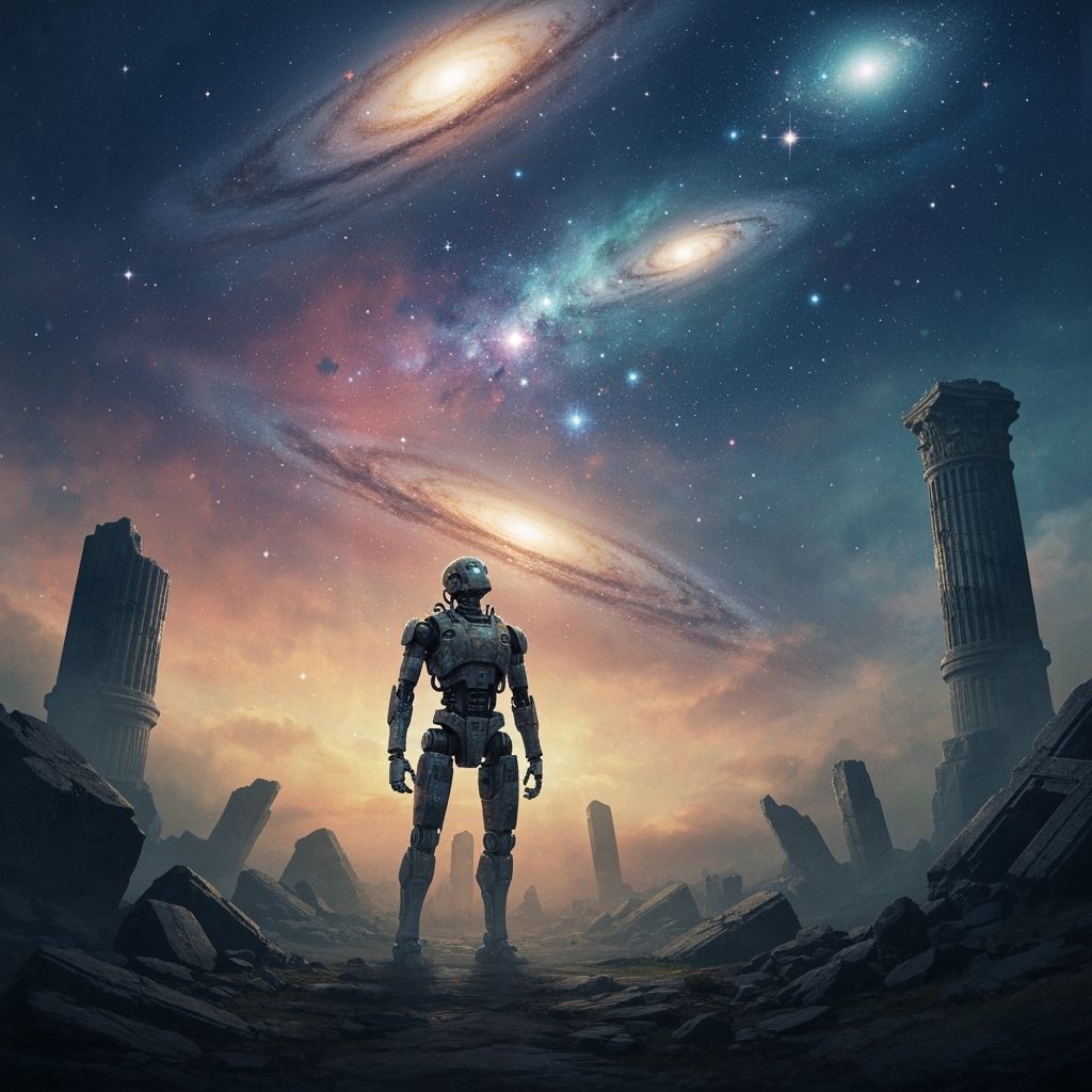 Robot Gazing at Galaxy in Matte Painting Style