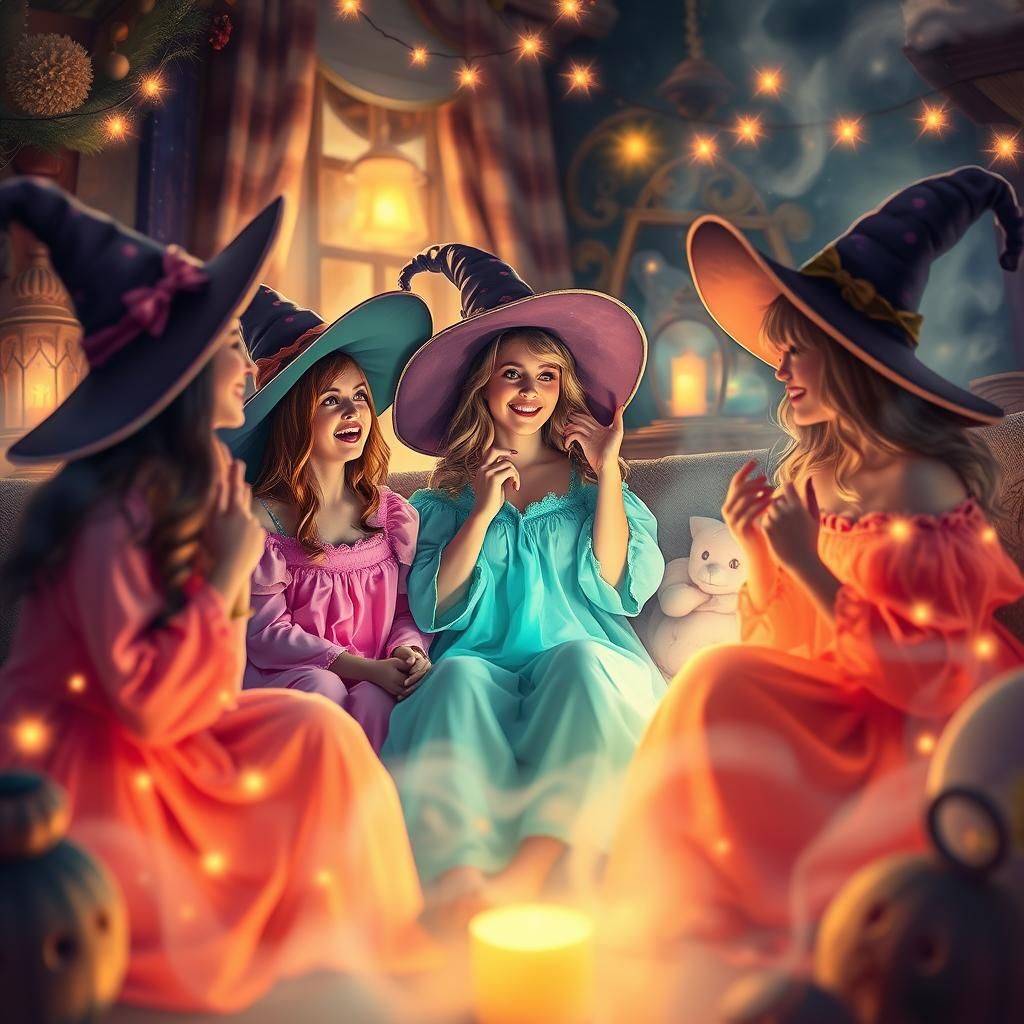 Enchanting Witches' Slumber Party in Kinkade Style
