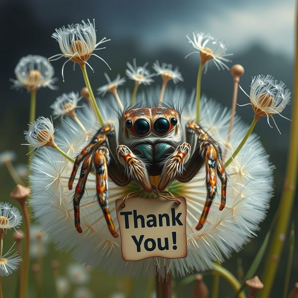 Jumping Spider Thank You Note in Dandelion Seedhead