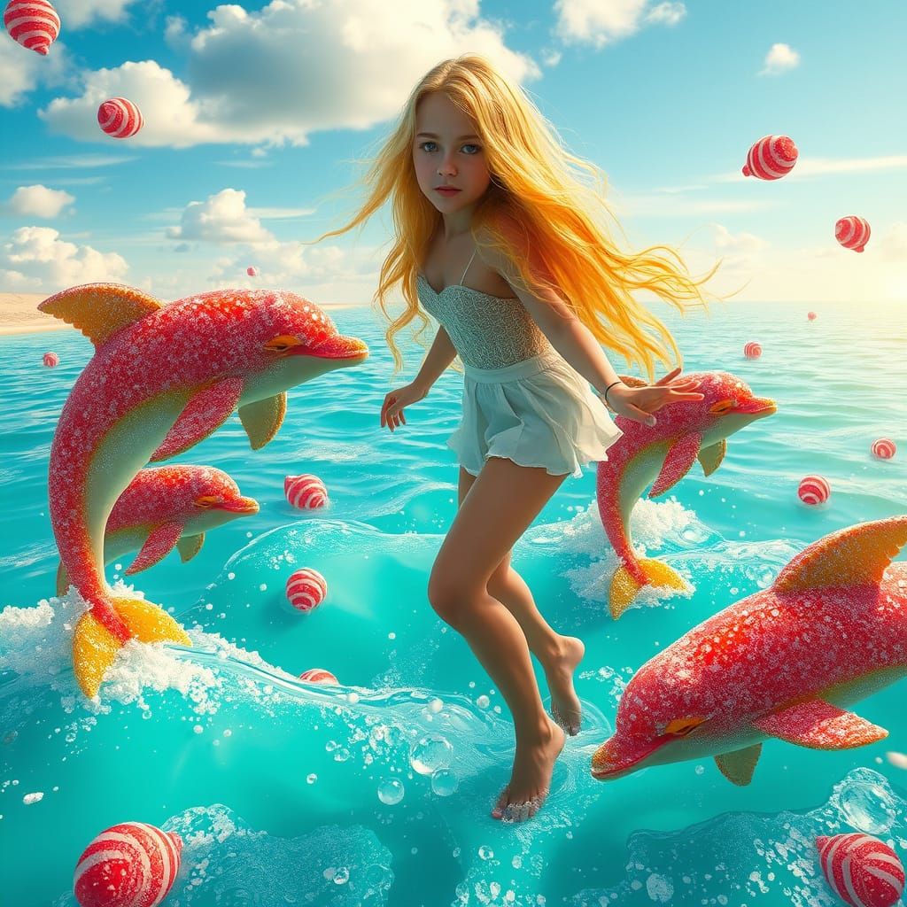 Woman Glides Over Soda Sea With Candy Dolphins