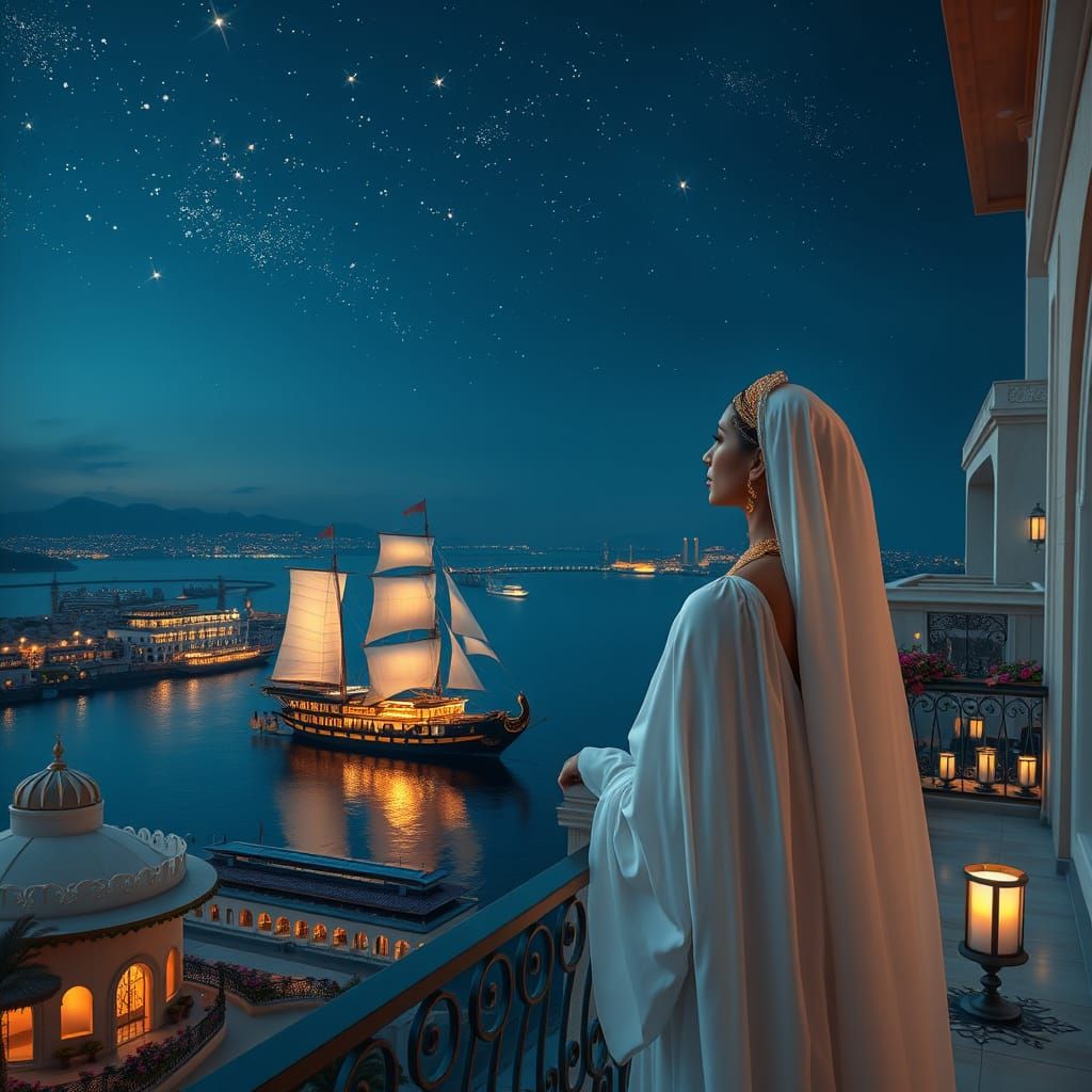 Glowing Arabian Night Scene with Luxurious Villa and Harbor