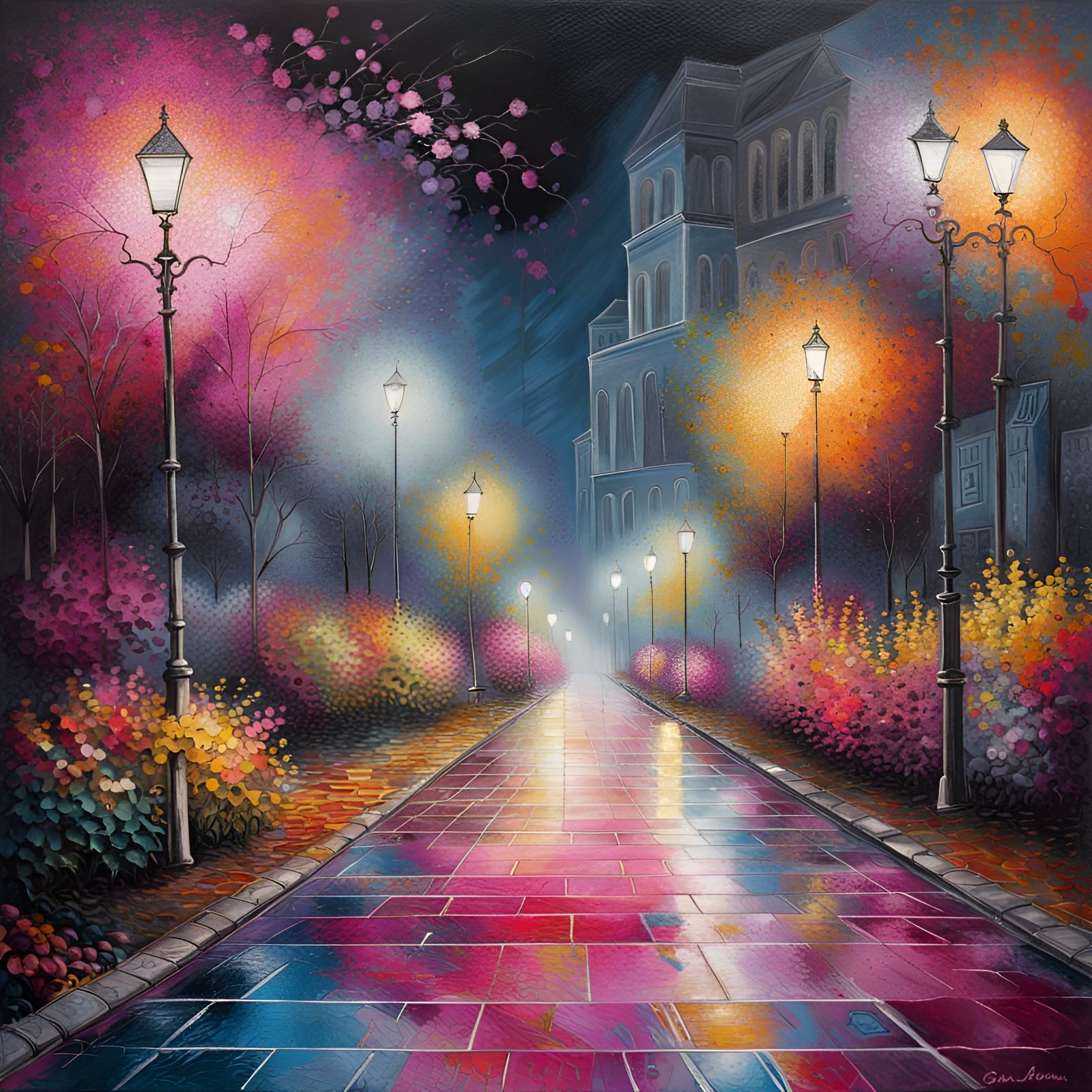 the painting in a park at night, delicate flower and garden ...