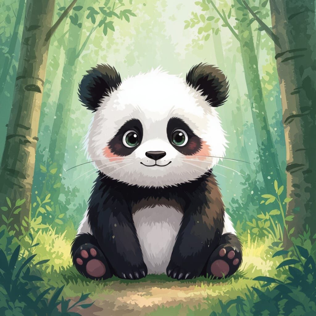 Panda Face Cat Body in Watercolor Forest