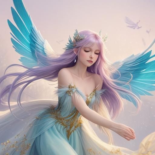 Winged Fairy with Flowing Hair in Pastel Colors