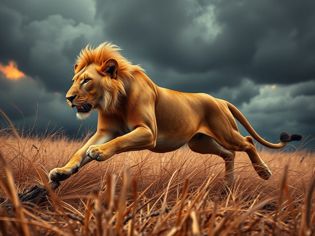 Regal Lioness in Frenetic Sprint Through Serengeti Storm