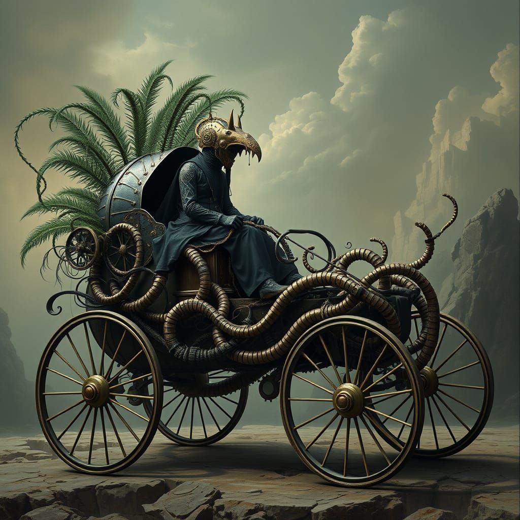 Surreal Tarantass Carriage with Sci-Fi Rider and Palmarium