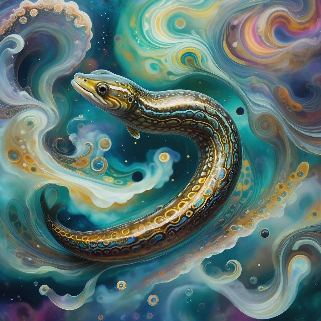 Lamprey Eel's Psychedelic Flight Over Jupiter, Art Nouveau S...