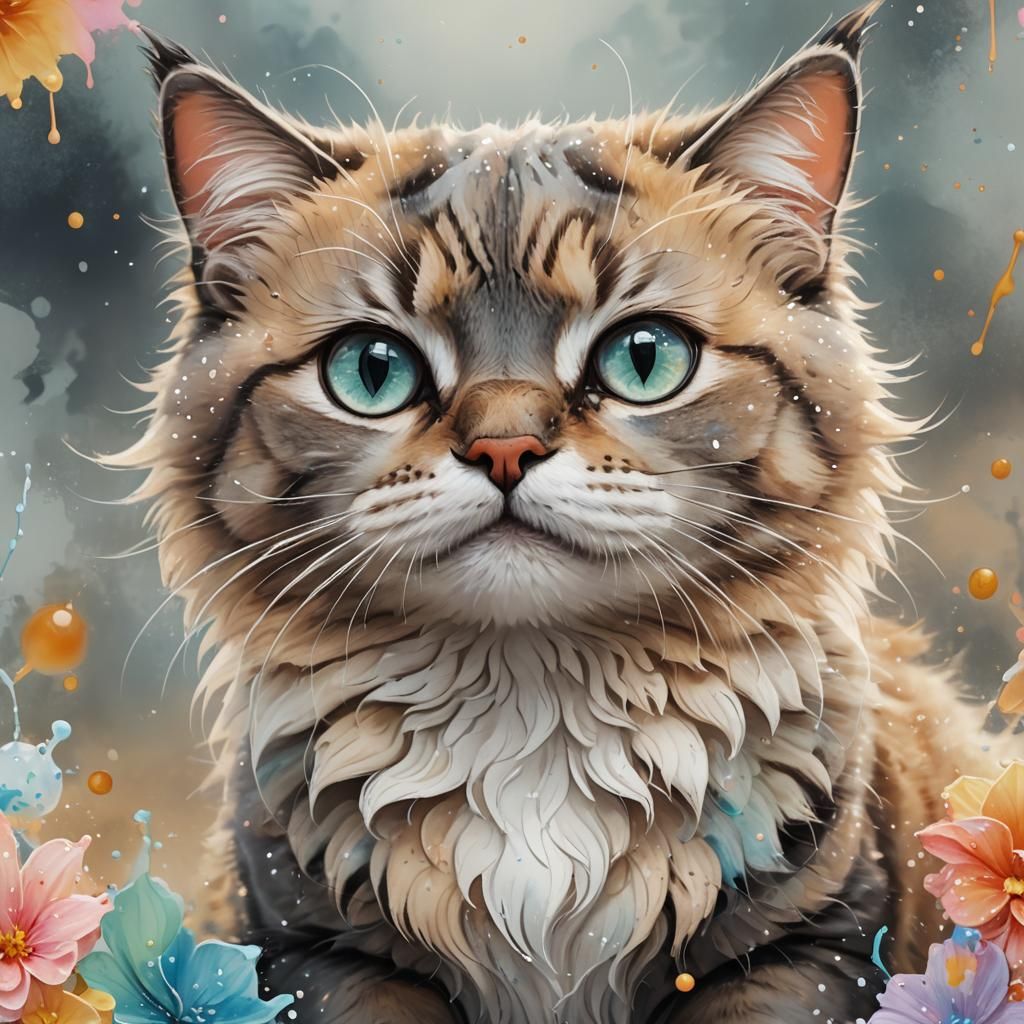Cute Kawaii Cat in Airbrush Watercolor Style