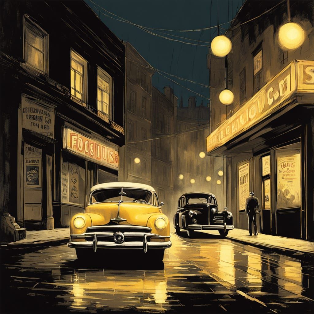 Vintage Movie Posters on Dark Street with Yellow Light