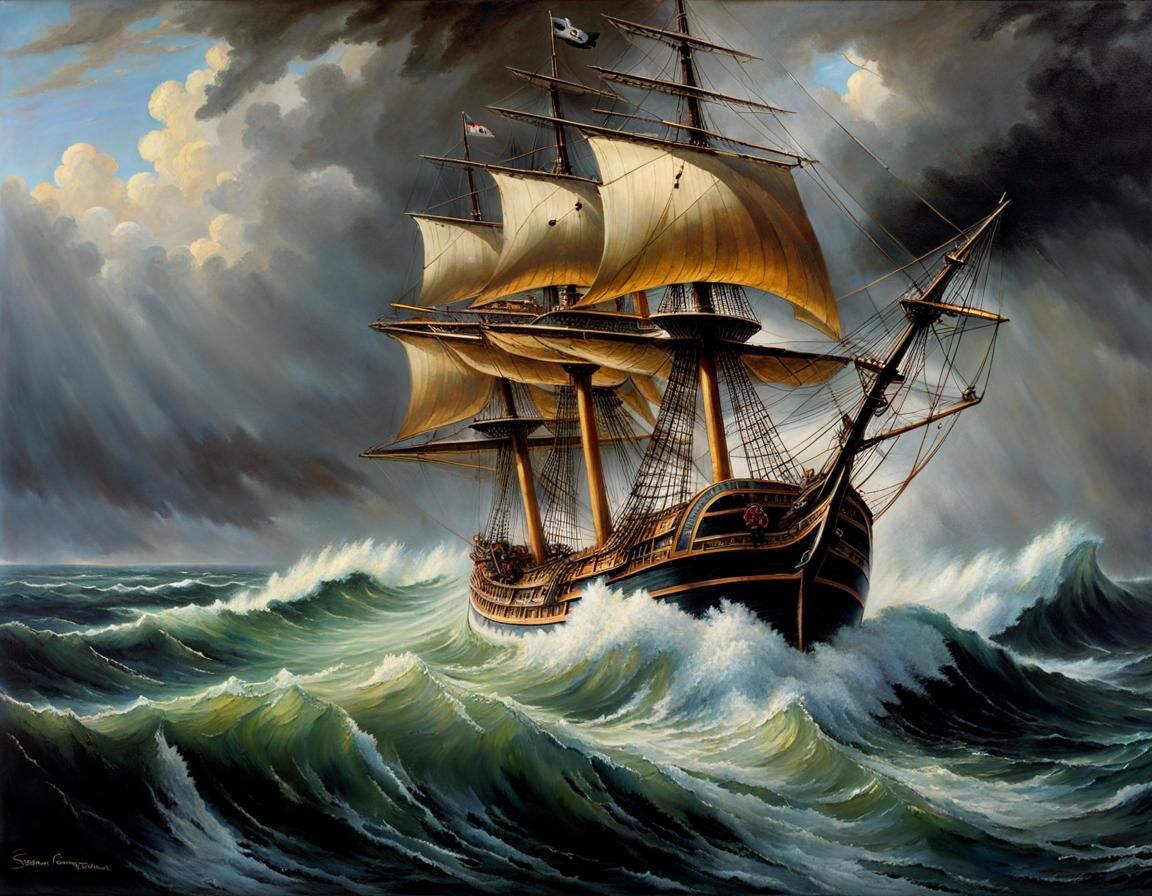 Pirate Ship Navigating a Stormy Sea: Oil Painting