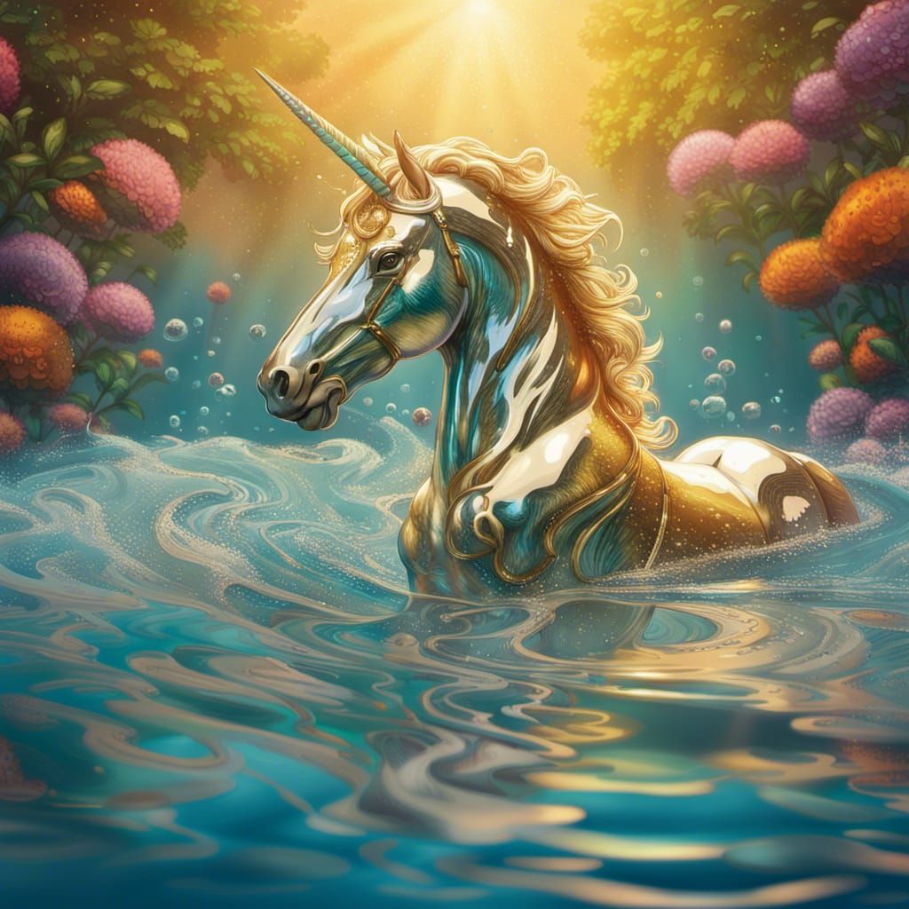 Glass Unicorn Swimming in Golden Ocean Garden