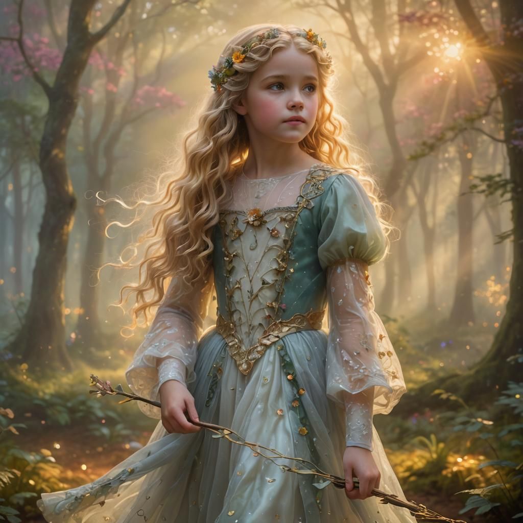 Whimsical Twin Girls in Golden Light of a Misty Forest