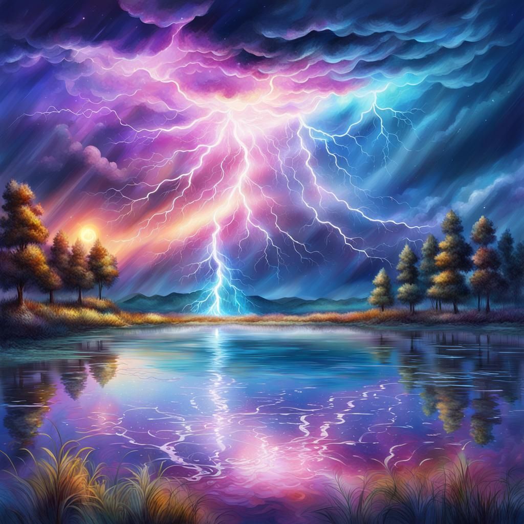 Cosmic Thunderstorm Over Lake: Holographic Illustration