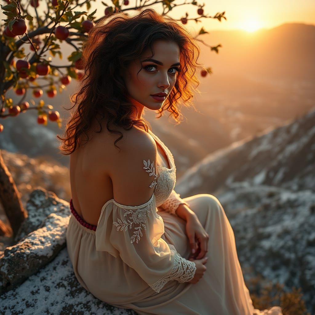 Woman with Red Lips on Snowy Greek Mountain