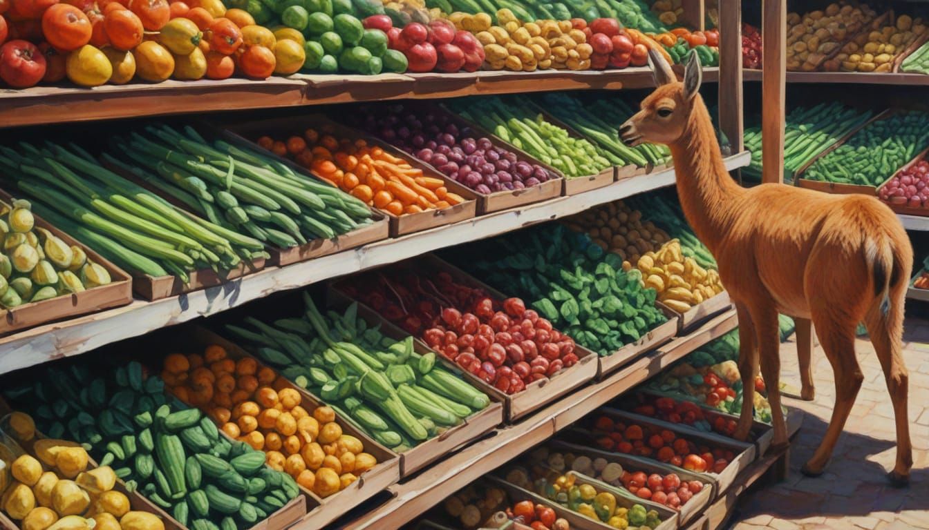 Vicuna Sniffs Vegetables: Gouache Painting with Impasto Text...