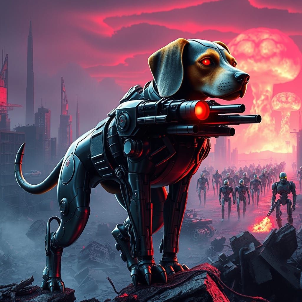Cyberpunk Android Beagle Battles Killer Terminator Robots in...