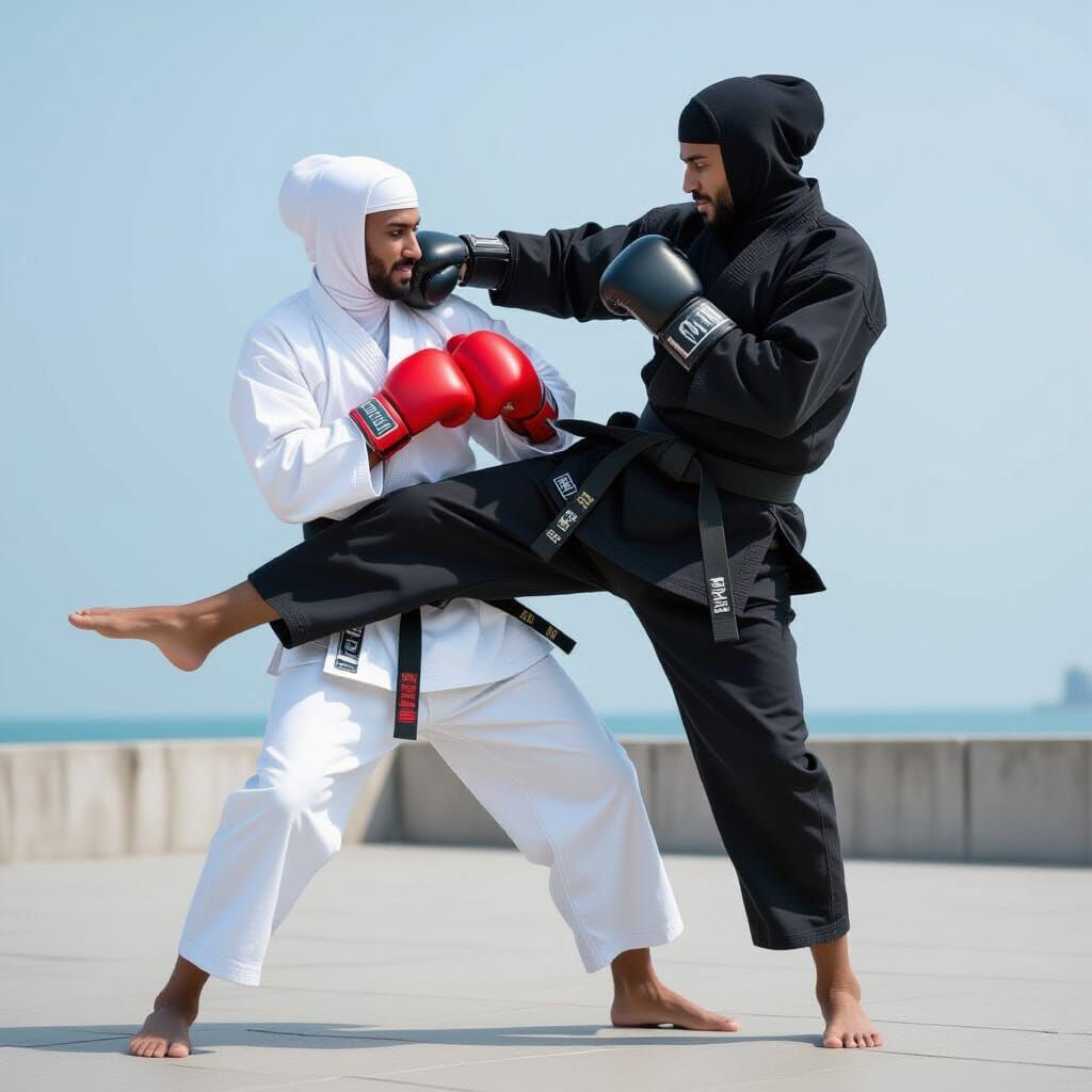 Muslim Kickboxer Training in Gym