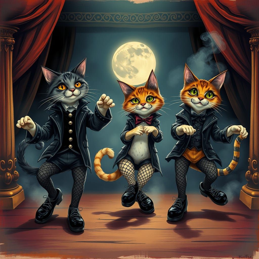 Gothic Whimsy Cats Tap Dance in Moonslit Fog