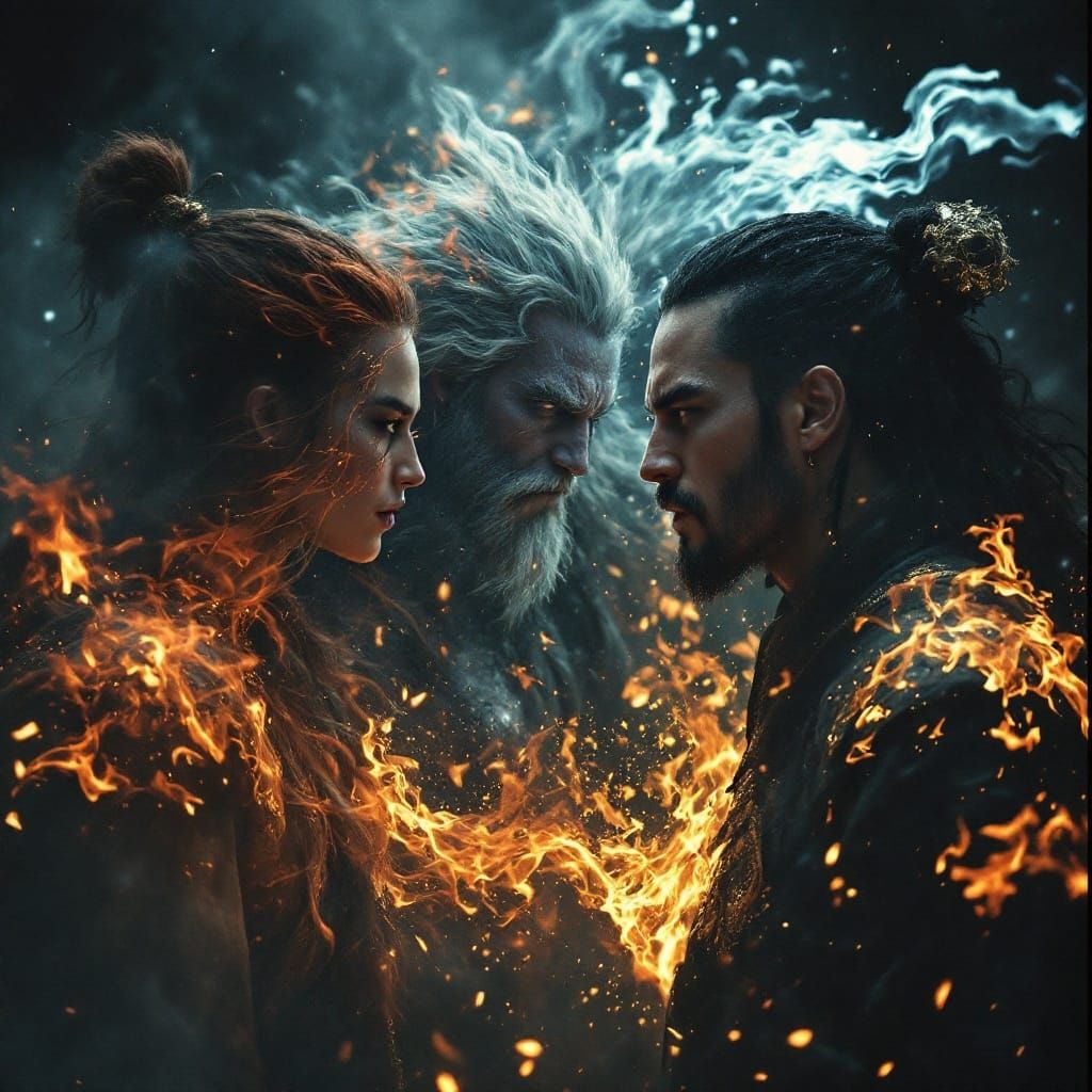 The four elements earth air water fire, personified as warri...