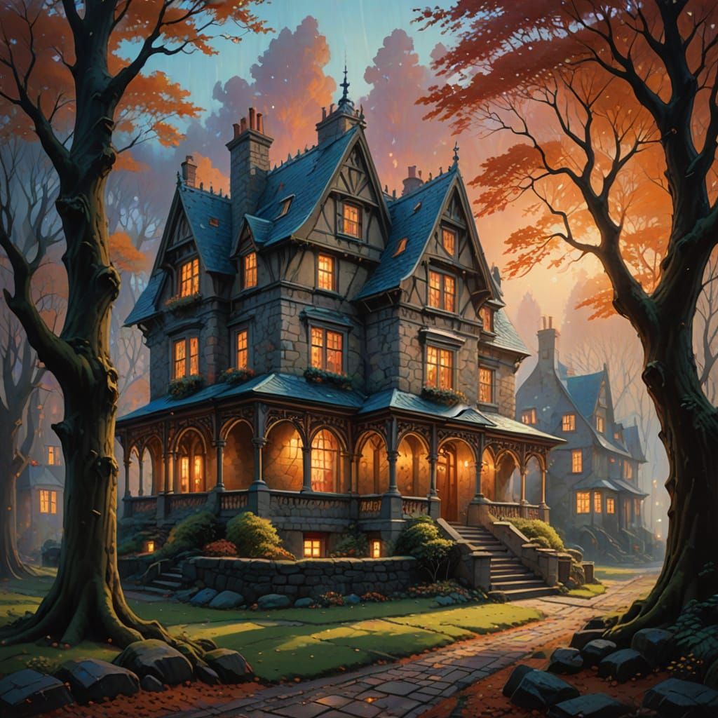 Dreamy Woodland Abode in Whimsical Airbrush Style