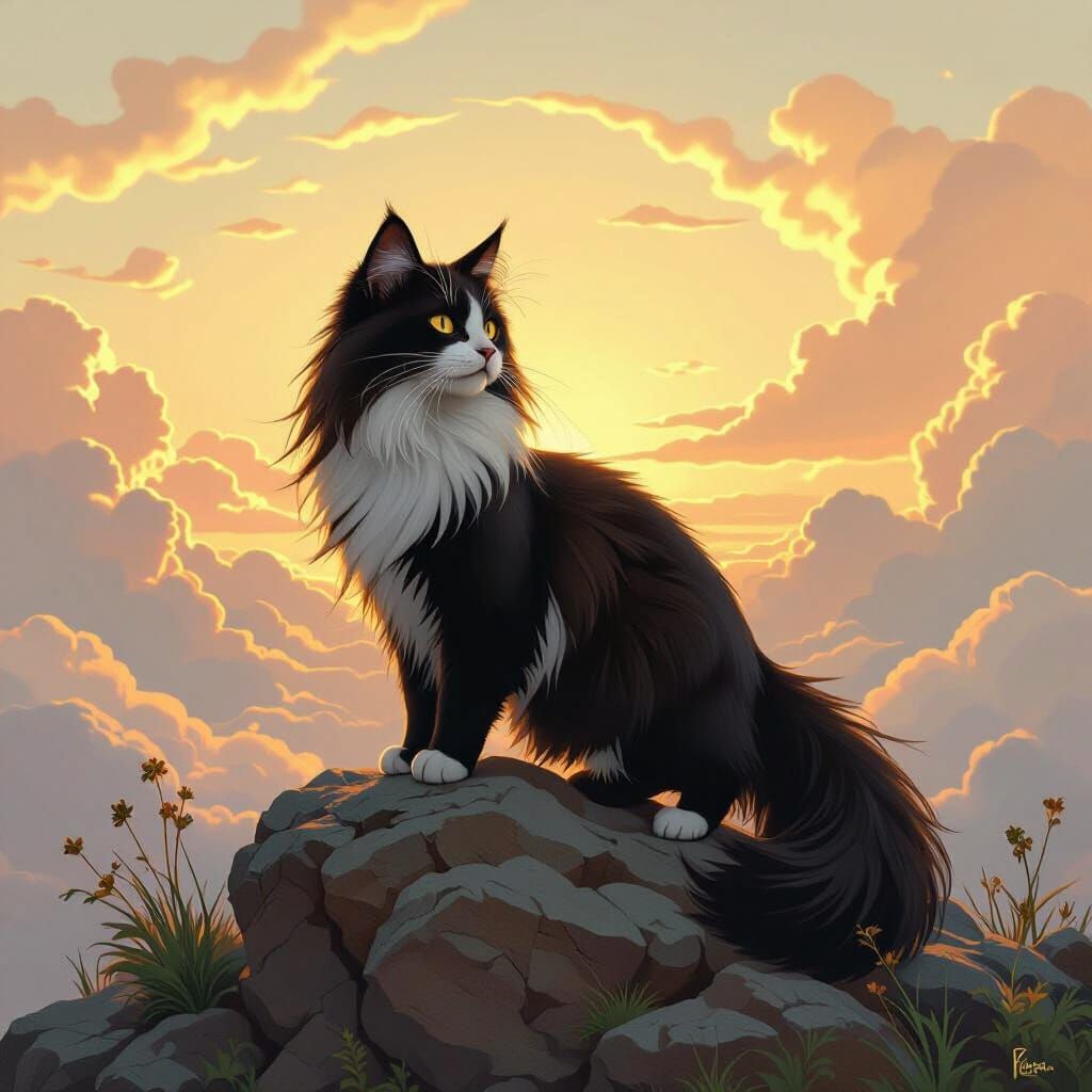 Elegant Cat in Art Nouveau Style at Dawn