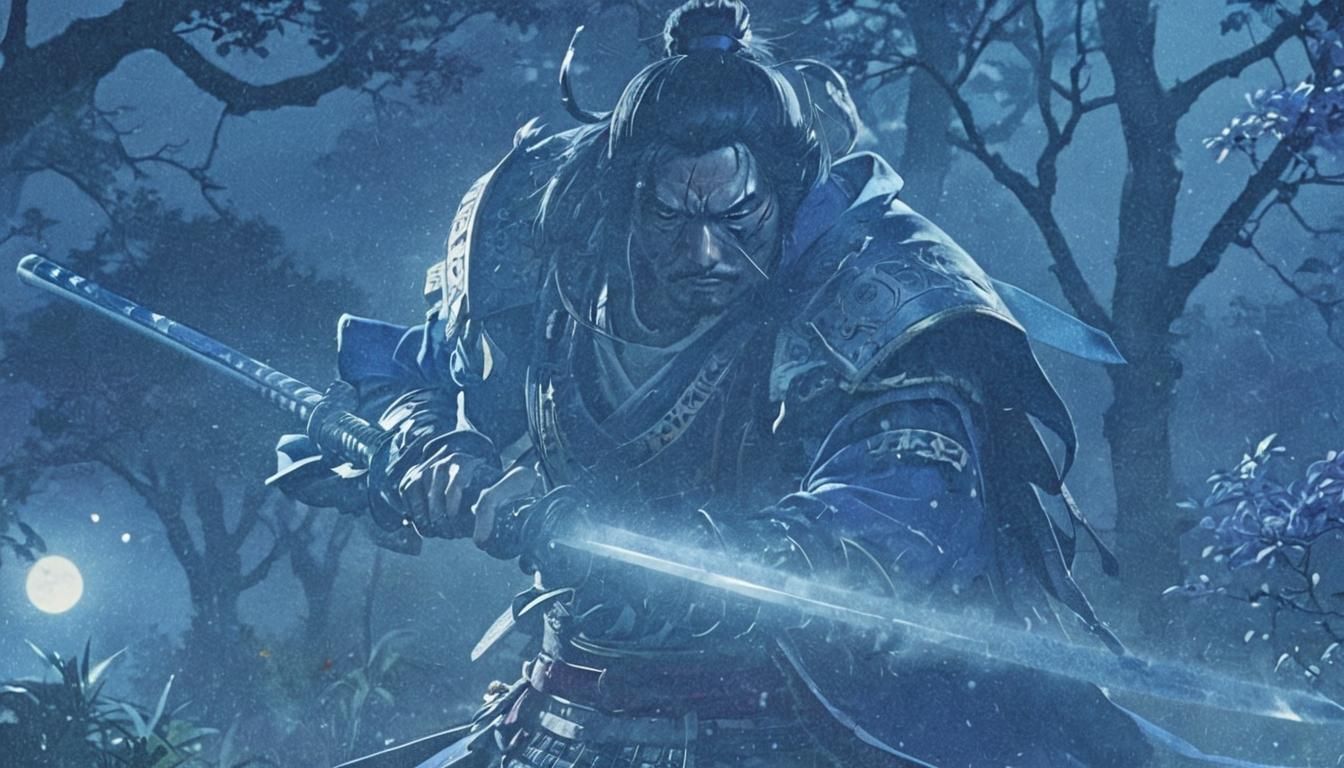 Samurai Sword Sharpening in Misty Anime Garden