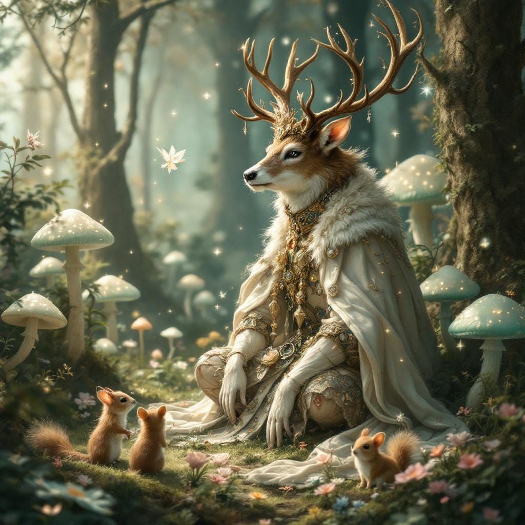 Fantasy Buck in Magical Forest, Ethereal Dreamlike Illustrat...