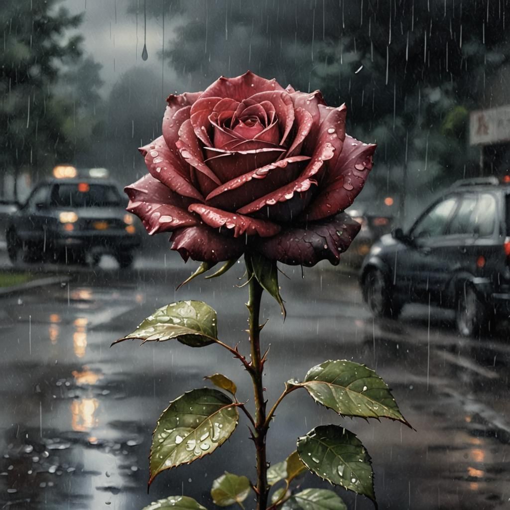 Dark Moody Watercolor Rose in the Rain