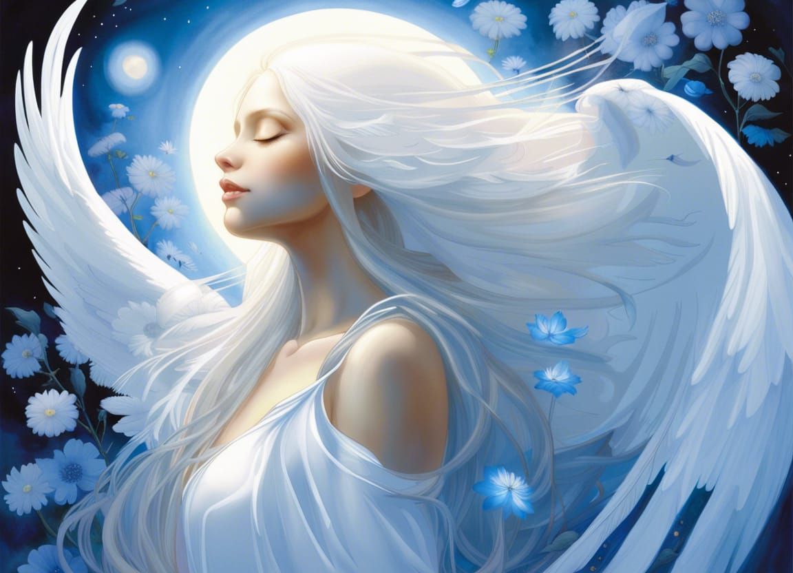 Angelic Figure with Blue Floral Wings