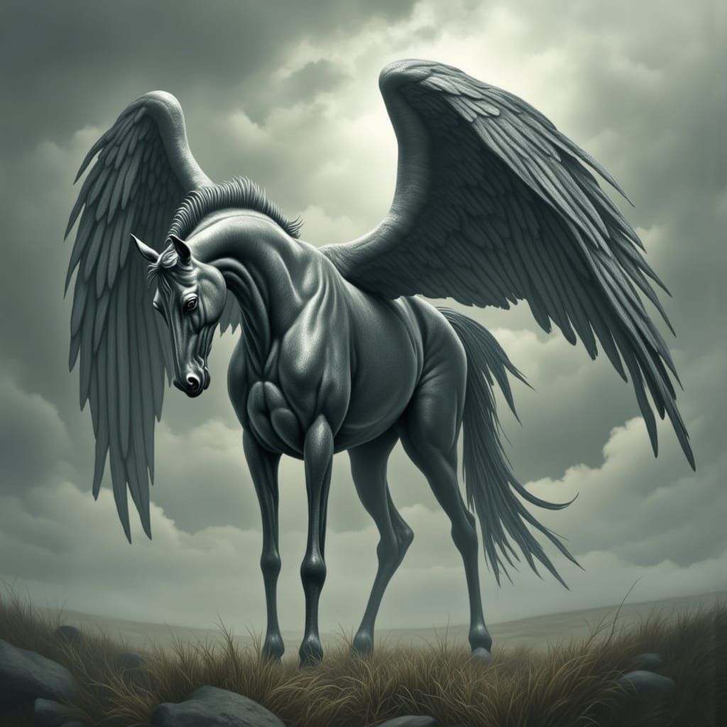 Surreal Dapple Grey Pegasus with Wings Spread Wide in Hyperr...