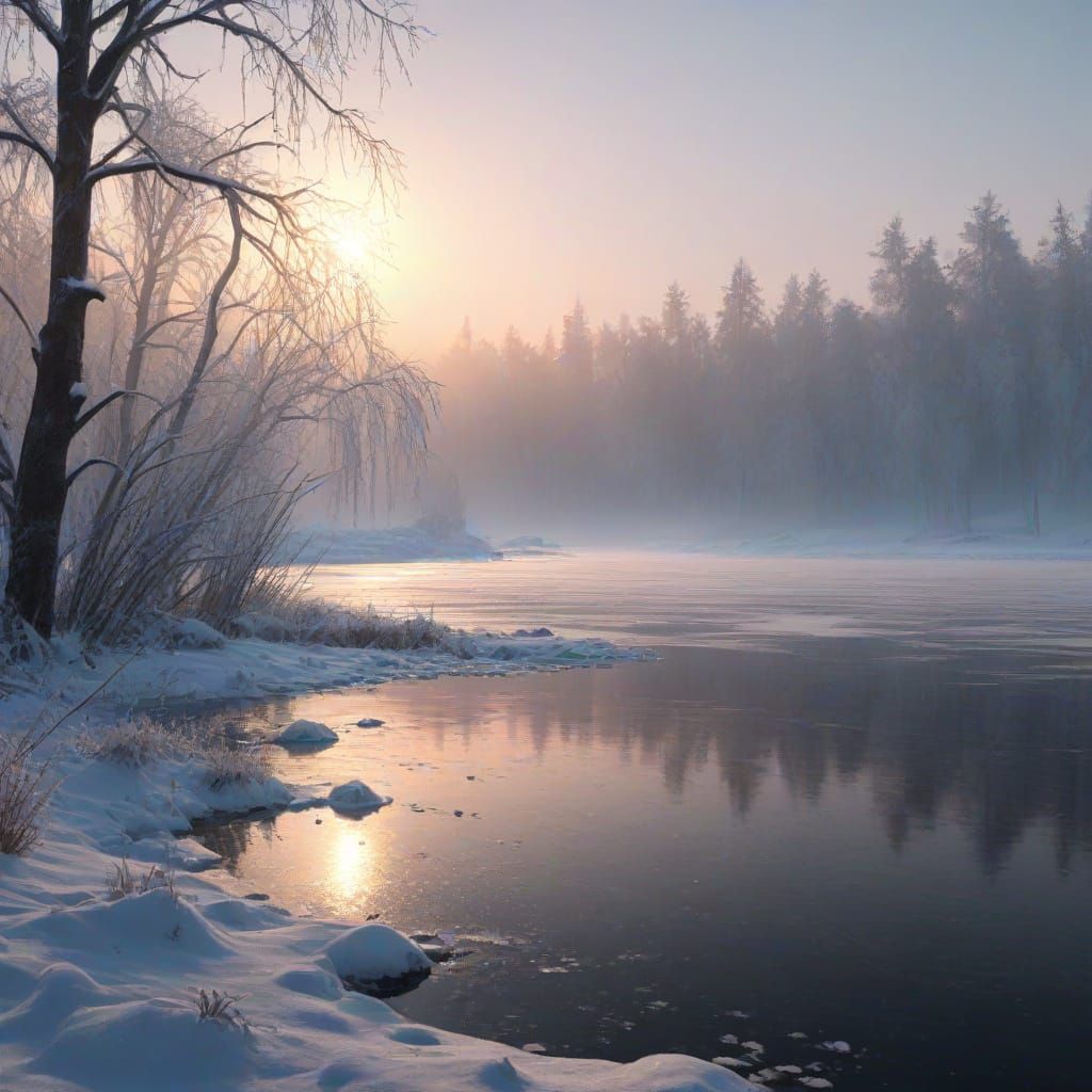 Cinematic Frozen Lake Landscape at Sunset